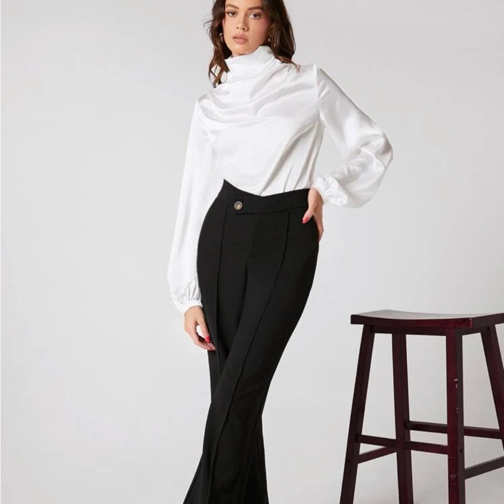 White Stand Mock Neck Satin Blouse Top Sz S, M, L, & XL New - Picture 4 of 6
